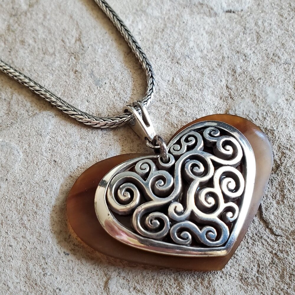 Vintage Brighton Large Scroll Heart Pendant Necklace w/ Brighton Heart Tin